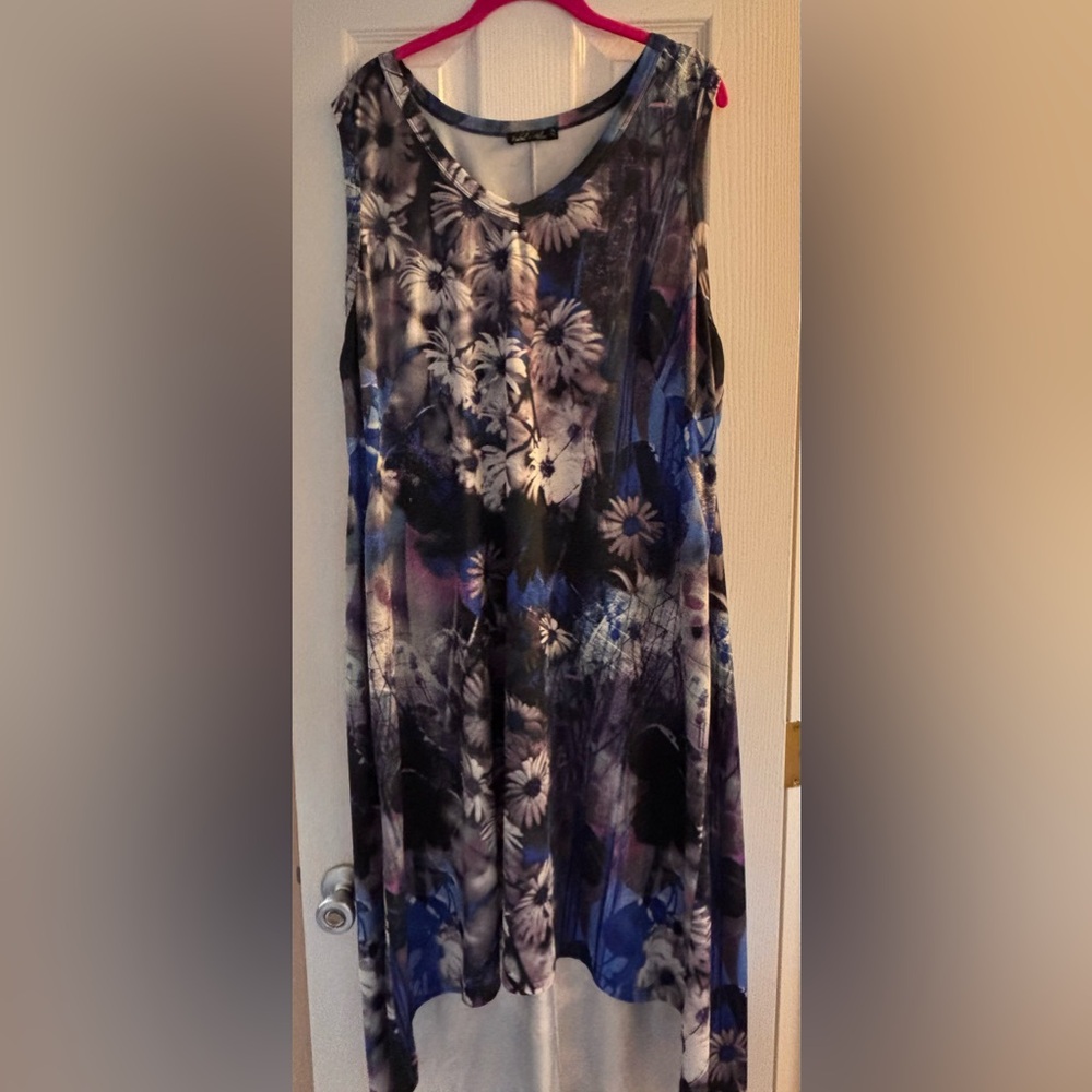 Floral Sleeveless Dress High Low Hem - Blue and Black 2X